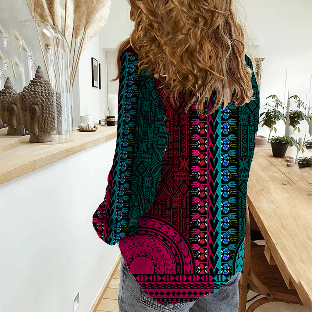 African Dashiki Women Casual Shirt With Tapa Pattern - Half Teal and Pink LT9 - Polynesian Pride