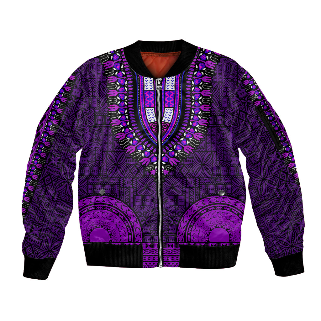 African Dashiki Sleeve Zip Bomber Jacket With Tapa Pattern - Purple LT9 Unisex Purple - Polynesian Pride