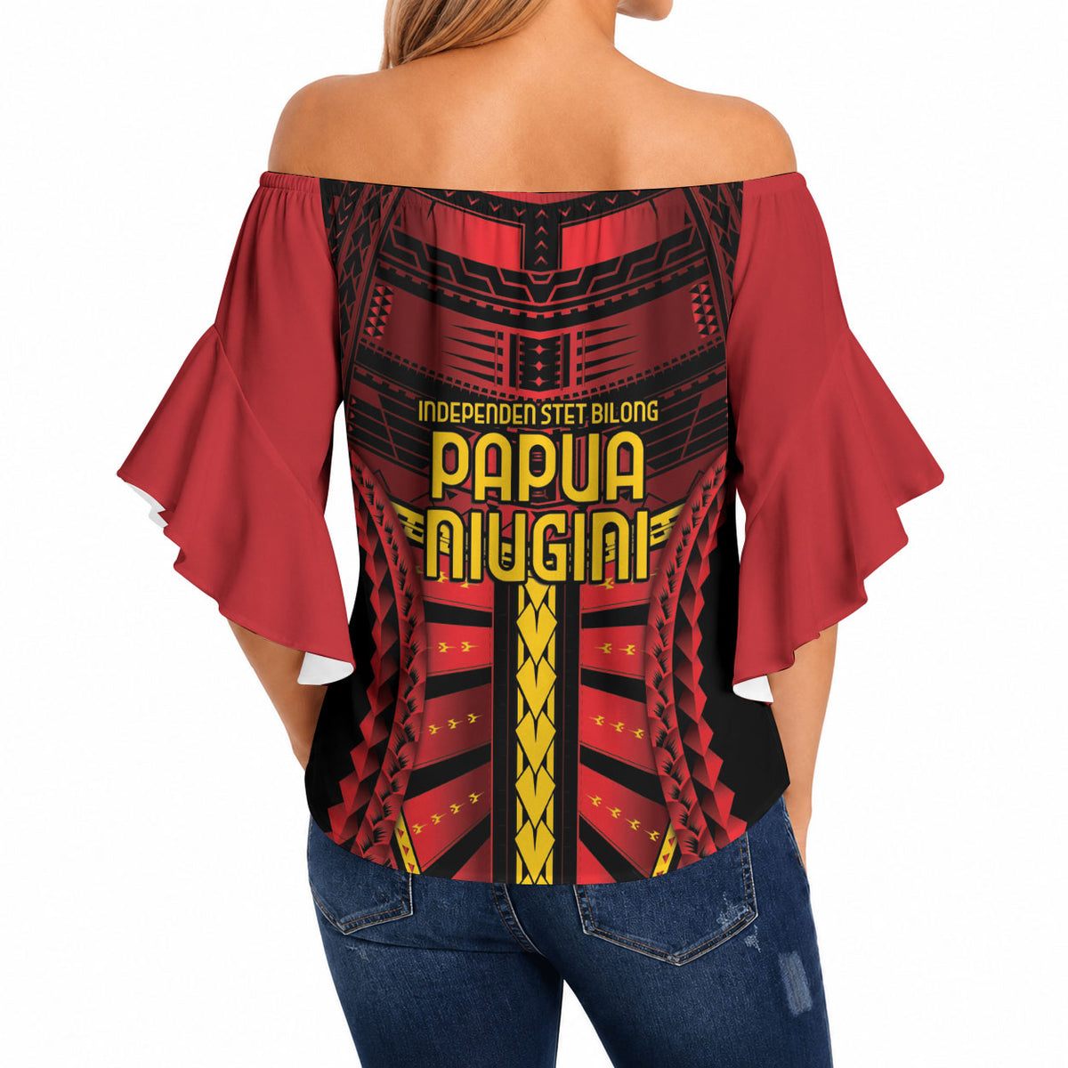 Independen Stet bilong Papua Niugini 1975 Off Shoulder Wrap Waist Top Red Tribal Papua New Guinea Province Flag LT9 - Polynesian Pride
