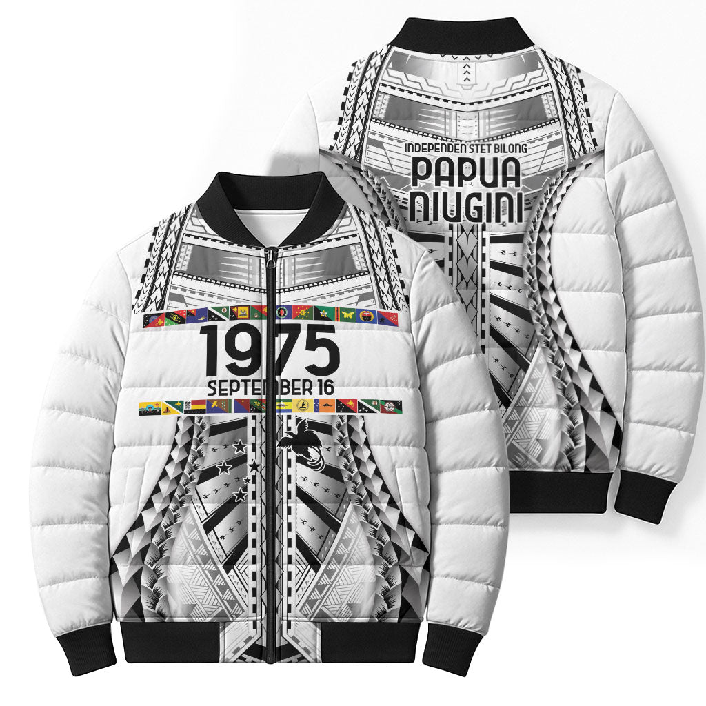 Independen Stet bilong Papua Niugini 1975 Bomber Puffer Jacket White Tribal Papua New Guinea Province Flag LT9 - Polynesian Pride