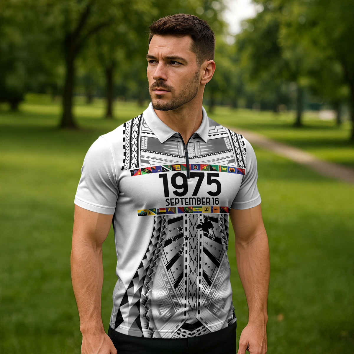 Independen Stet bilong Papua Niugini 1975 Zipper Polo Shirt White Tribal Papua New Guinea Province Flag LT9 - Polynesian Pride
