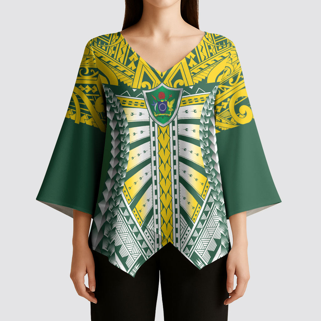 Cook Islands 1965 National Pride Kimono Sleeve Blouse Green Yellow Tribal Pattern LT9 - Polynesian Pride
