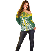 Cook Islands 1965 National Pride Off Shoulder Sweater Green Yellow Tribal Pattern LT9 - Polynesian Pride