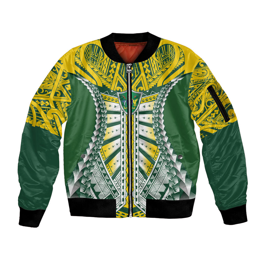 Cook Islands 1965 National Pride Sleeve Zip Bomber Jacket Green Yellow Tribal Pattern LT9 Unisex Green - Polynesian Pride