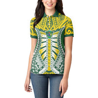 Cook Islands 1965 National Pride Women Polo Shirt Green Yellow Tribal Pattern LT9 - Polynesian Pride