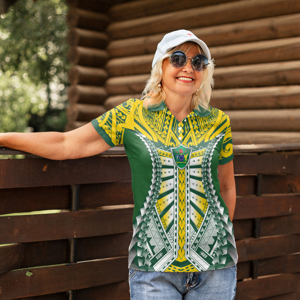 Cook Islands 1965 National Pride Women Polo Shirt Green Yellow Tribal Pattern LT9 - Polynesian Pride