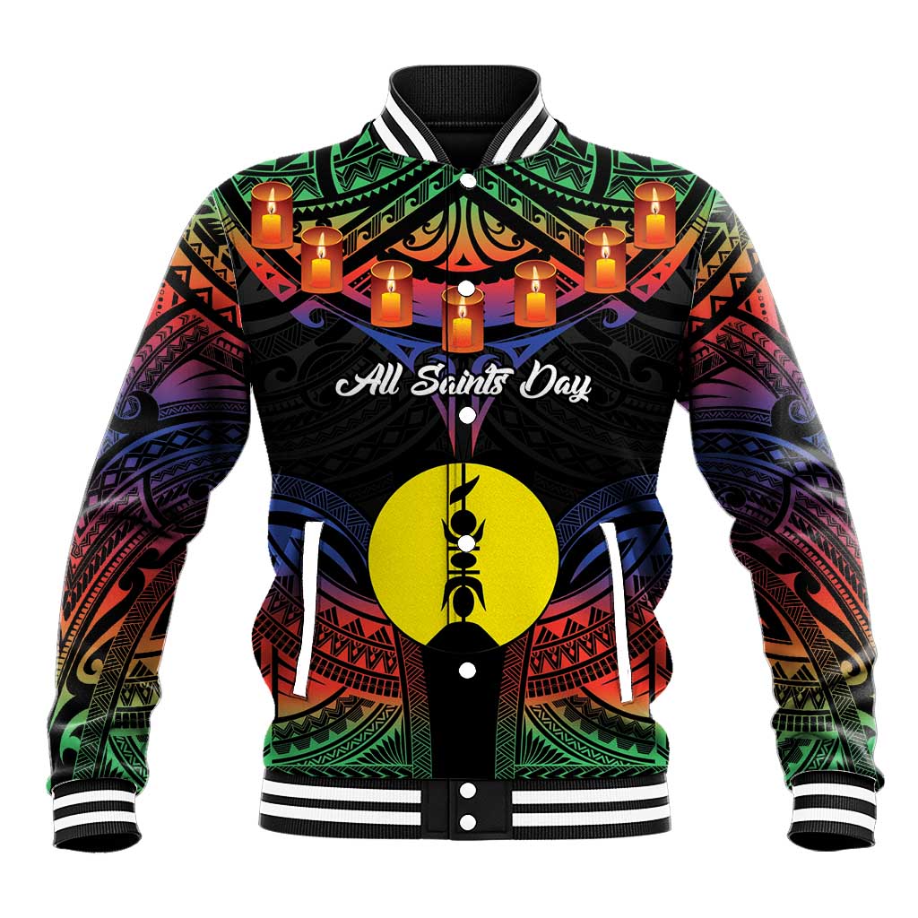 Personalised New Caledonia All Saints Day Baseball Jacket Candle Light with Polynesian Style LT9 Unisex Black - Polynesian Pride