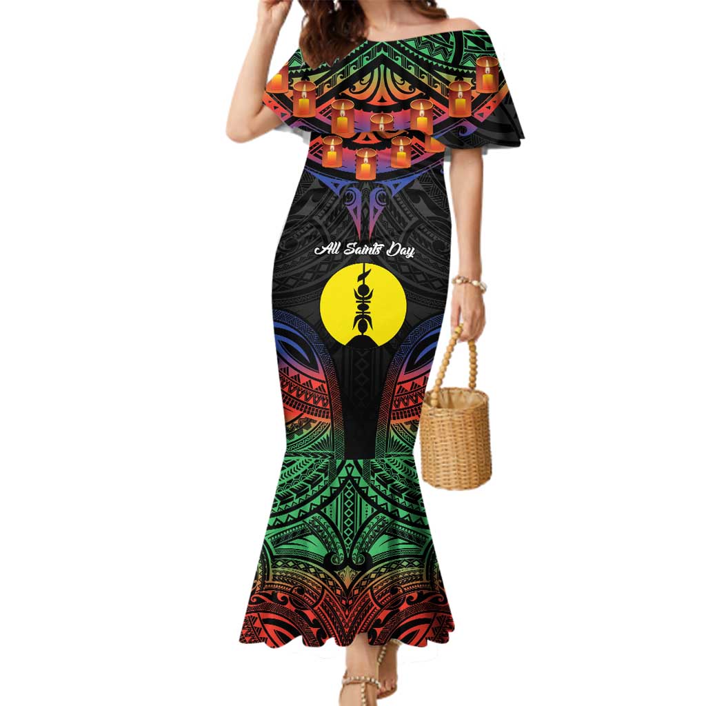 Personalised New Caledonia All Saints Day Family Matching Mermaid Dress and Hawaiian Shirt Candle Light with Polynesian Style LT9 Mom's Dress Black - Polynesian Pride