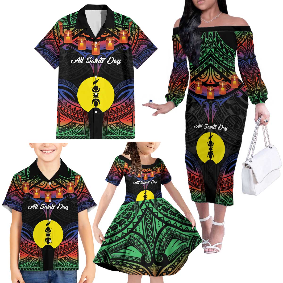 Personalised New Caledonia All Saints Day Family Matching Off The Shoulder Long Sleeve Dress and Hawaiian Shirt Candle Light with Polynesian Style