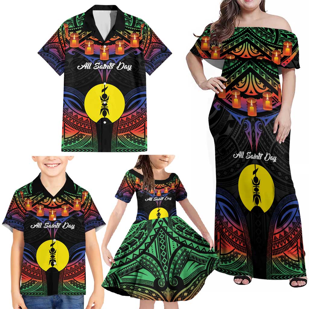 Personalised New Caledonia All Saints Day Family Matching Off Shoulder Maxi Dress and Hawaiian Shirt Candle Light with Polynesian Style