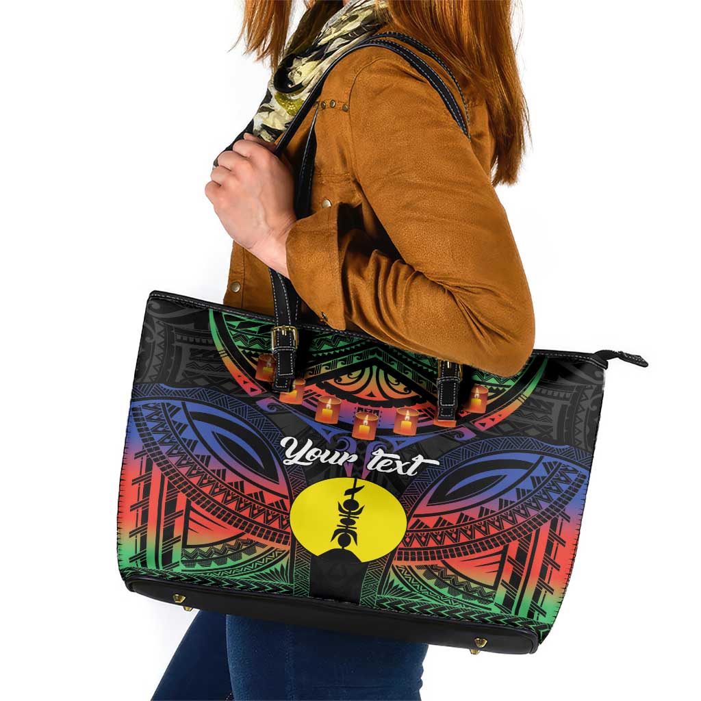 Personalised New Caledonia All Saints Day Leather Tote Bag Candle Light with Polynesian Style LT9 Black - Polynesian Pride