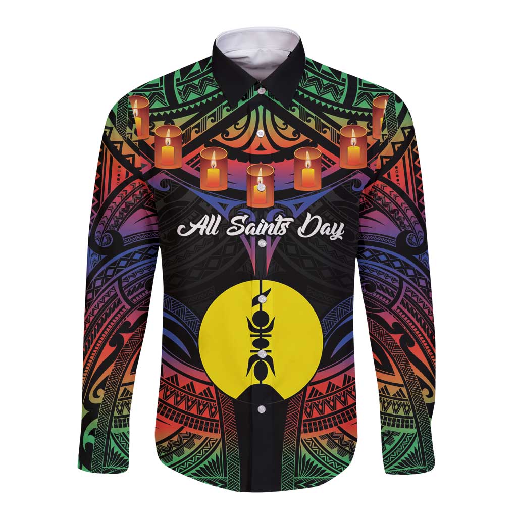 Personalised New Caledonia All Saints Day Long Sleeve Button Shirt Candle Light with Polynesian Style LT9 Unisex Black - Polynesian Pride