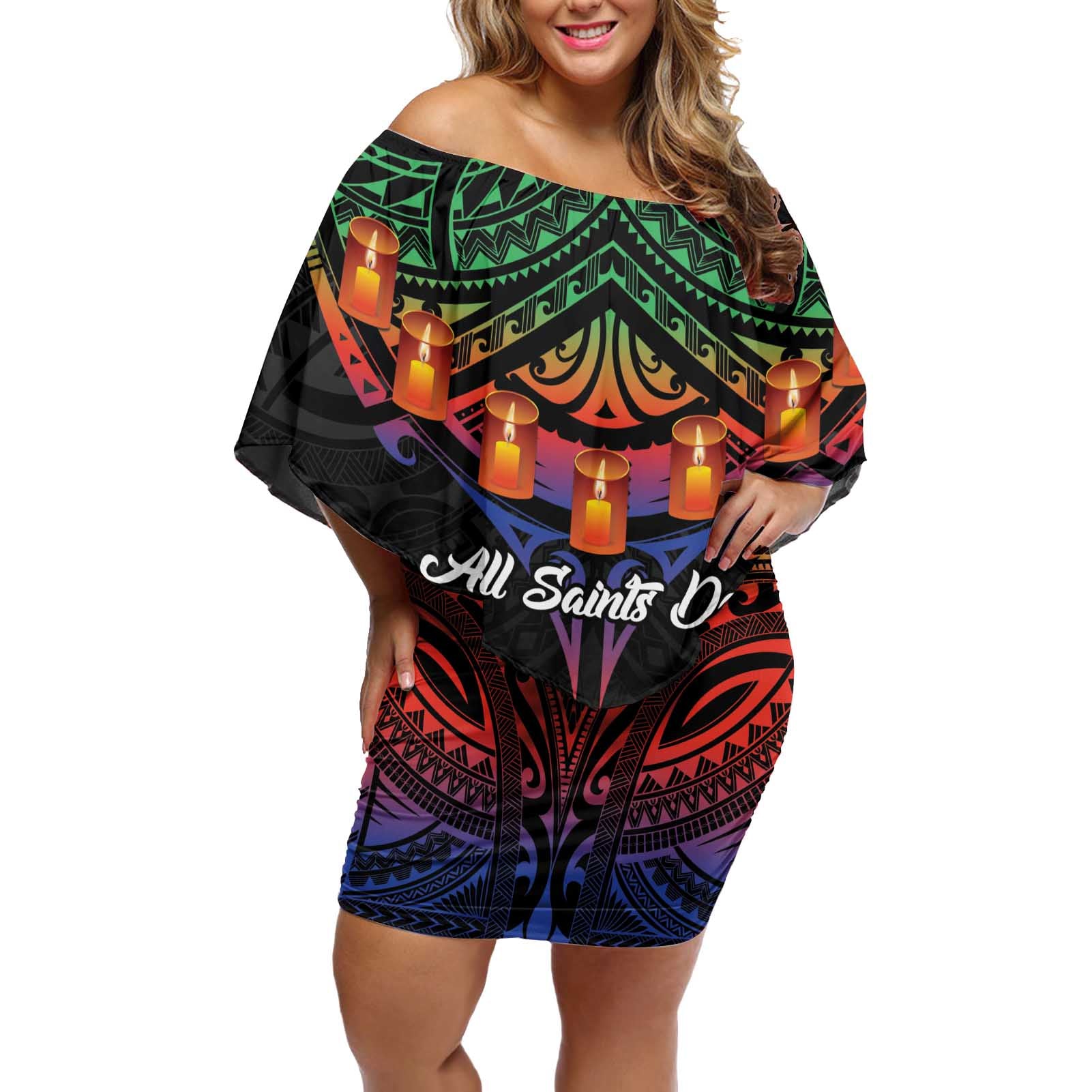 Personalised New Caledonia All Saints Day Off Shoulder Short Dress Candle Light with Polynesian Style