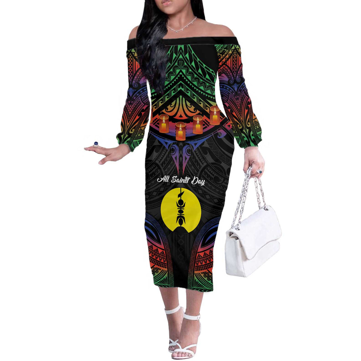 Personalised New Caledonia All Saints Day Off The Shoulder Long Sleeve Dress Candle Light with Polynesian Style