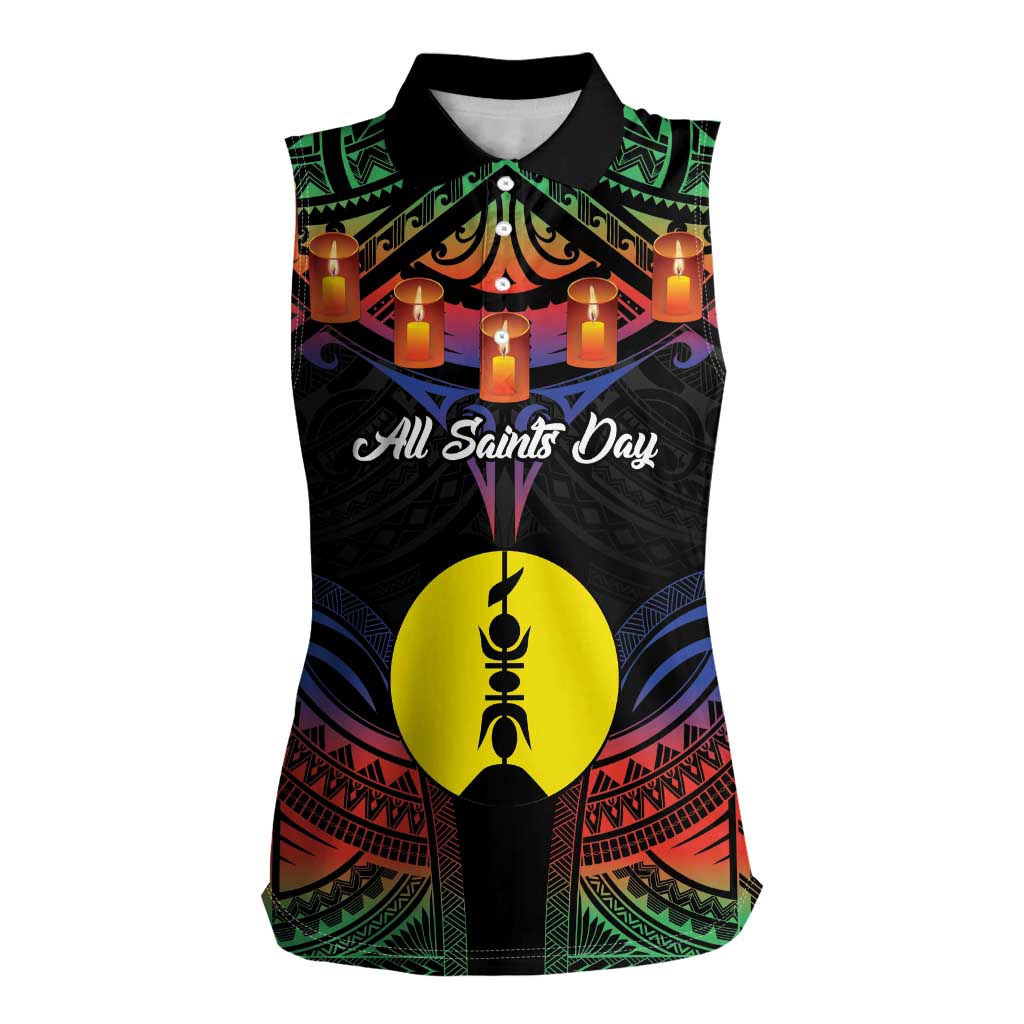 Personalised New Caledonia All Saints Day Women Sleeveless Polo Shirt Candle Light with Polynesian Style