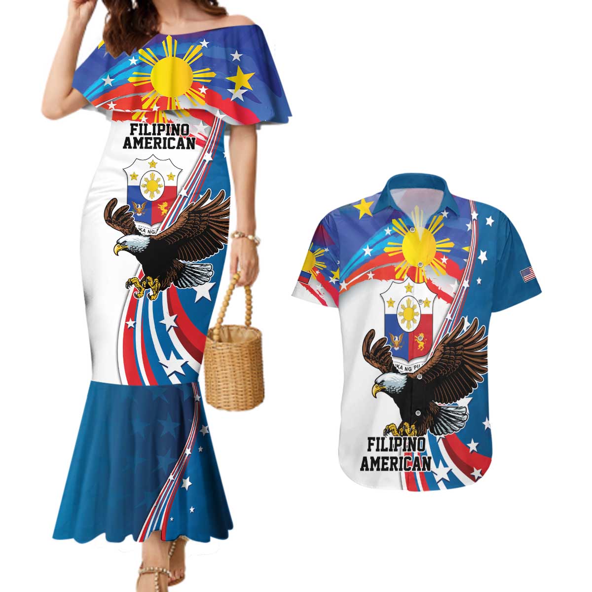 Personalized Filipino-American Couples Matching Mermaid Dress and Hawaiian Shirt The Eight-Rayed Sun with Bald Eagle