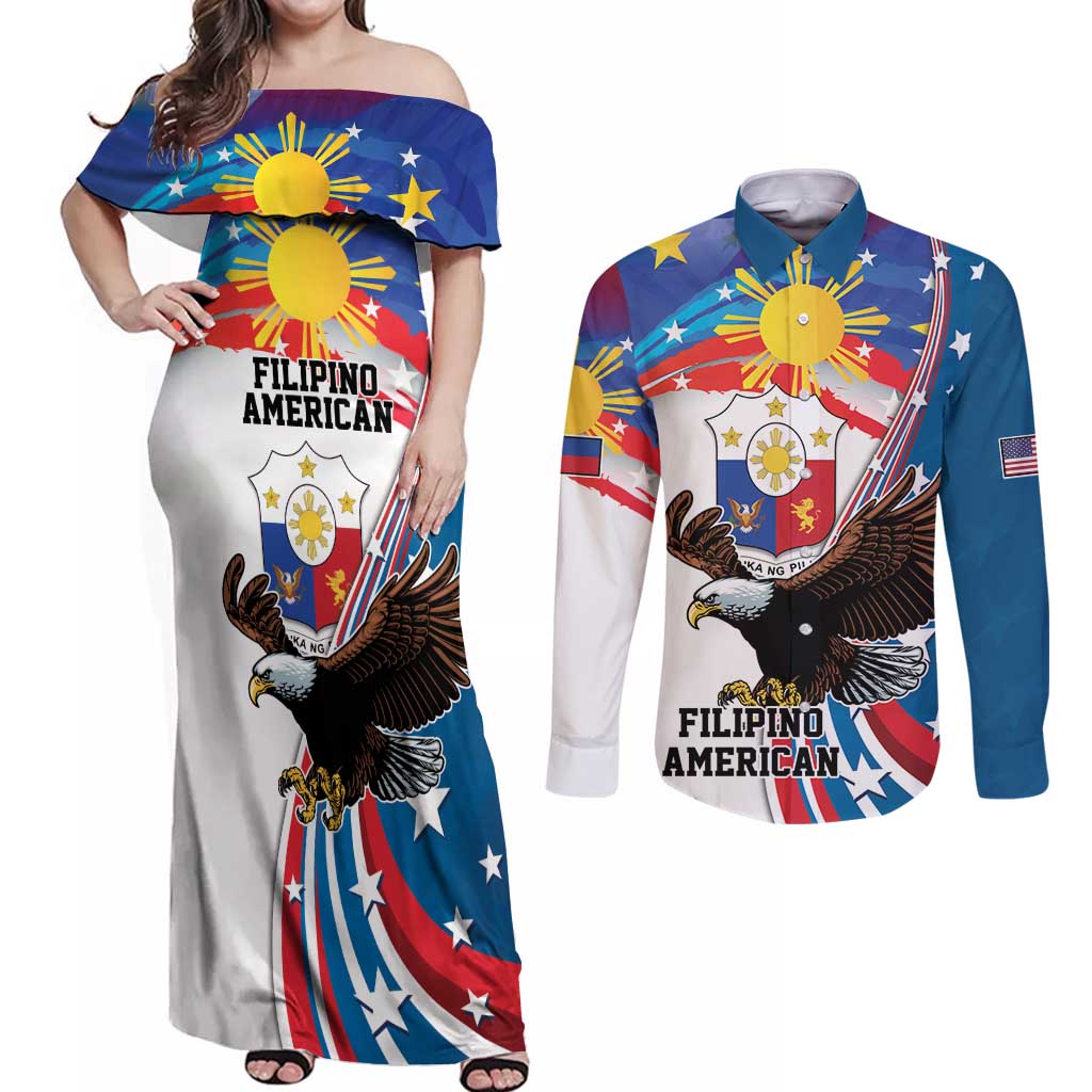 Personalized Filipino-American Couples Matching Off Shoulder Maxi Dress and Long Sleeve Button Shirt The Eight-Rayed Sun with Bald Eagle