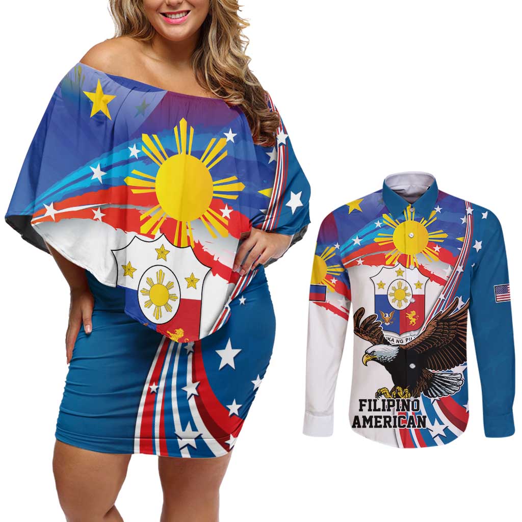 Personalized Filipino-American Couples Matching Off Shoulder Short Dress and Long Sleeve Button Shirt The Eight-Rayed Sun with Bald Eagle
