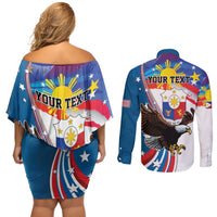 Personalized Filipino-American Couples Matching Off Shoulder Short Dress and Long Sleeve Button Shirt The Eight-Rayed Sun with Bald Eagle