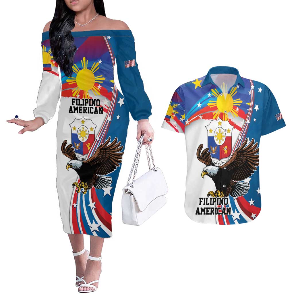 Personalized Filipino-American Couples Matching Off The Shoulder Long Sleeve Dress and Hawaiian Shirt The Eight-Rayed Sun with Bald Eagle