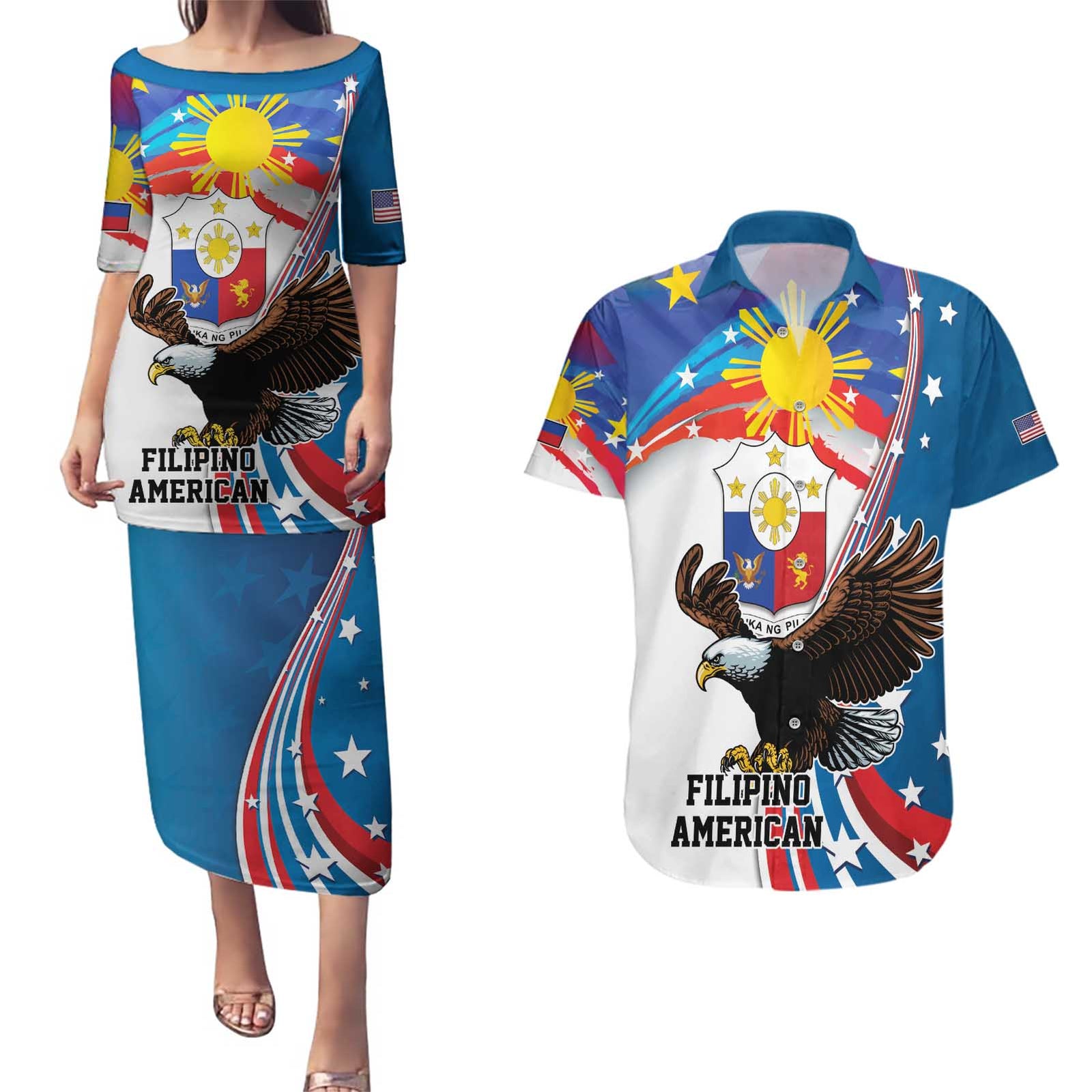 Personalized Filipino-American Couples Matching Puletasi and Hawaiian Shirt The Eight-Rayed Sun with Bald Eagle