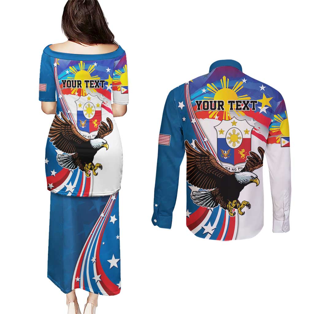 Personalized Filipino-American Couples Matching Puletasi and Long Sleeve Button Shirt The Eight-Rayed Sun with Bald Eagle