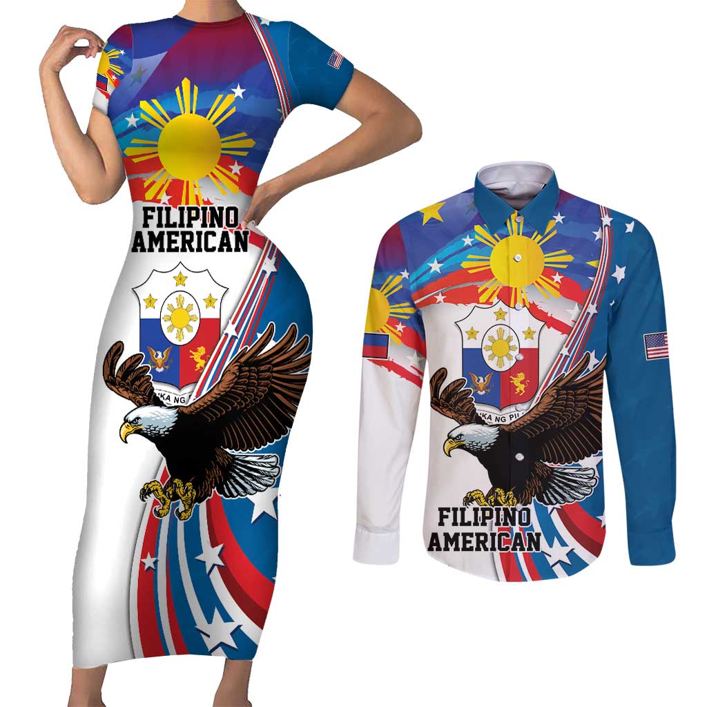 Personalized Filipino-American Couples Matching Short Sleeve Bodycon Dress and Long Sleeve Button Shirt The Eight-Rayed Sun with Bald Eagle