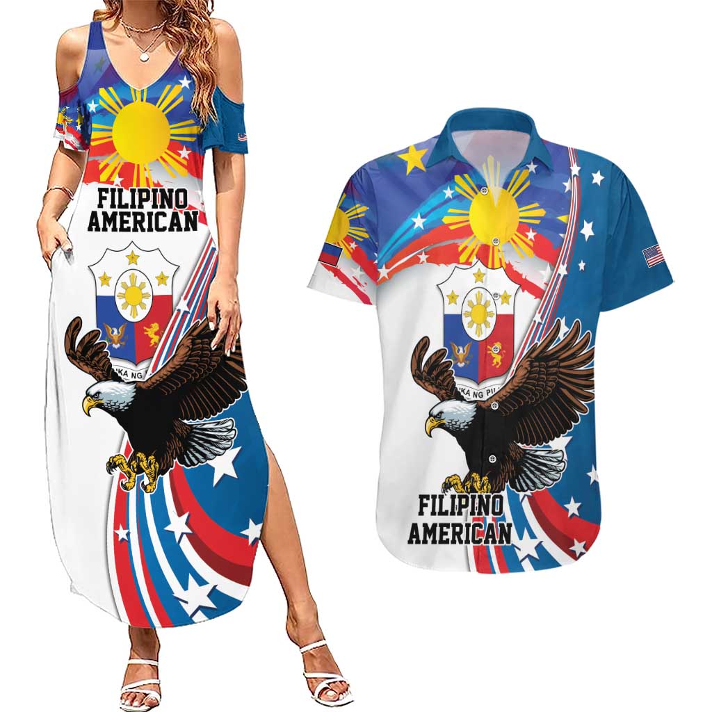 Personalized Filipino-American Couples Matching Summer Maxi Dress and Hawaiian Shirt The Eight-Rayed Sun with Bald Eagle