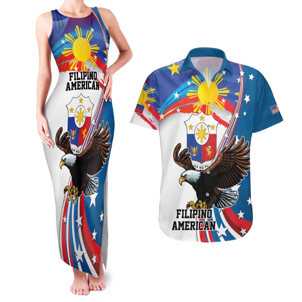 Personalized Filipino-American Couples Matching Tank Maxi Dress and Hawaiian Shirt The Eight-Rayed Sun with Bald Eagle