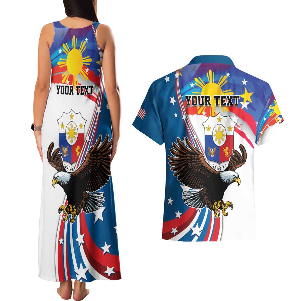 Personalized Filipino-American Couples Matching Tank Maxi Dress and Hawaiian Shirt The Eight-Rayed Sun with Bald Eagle