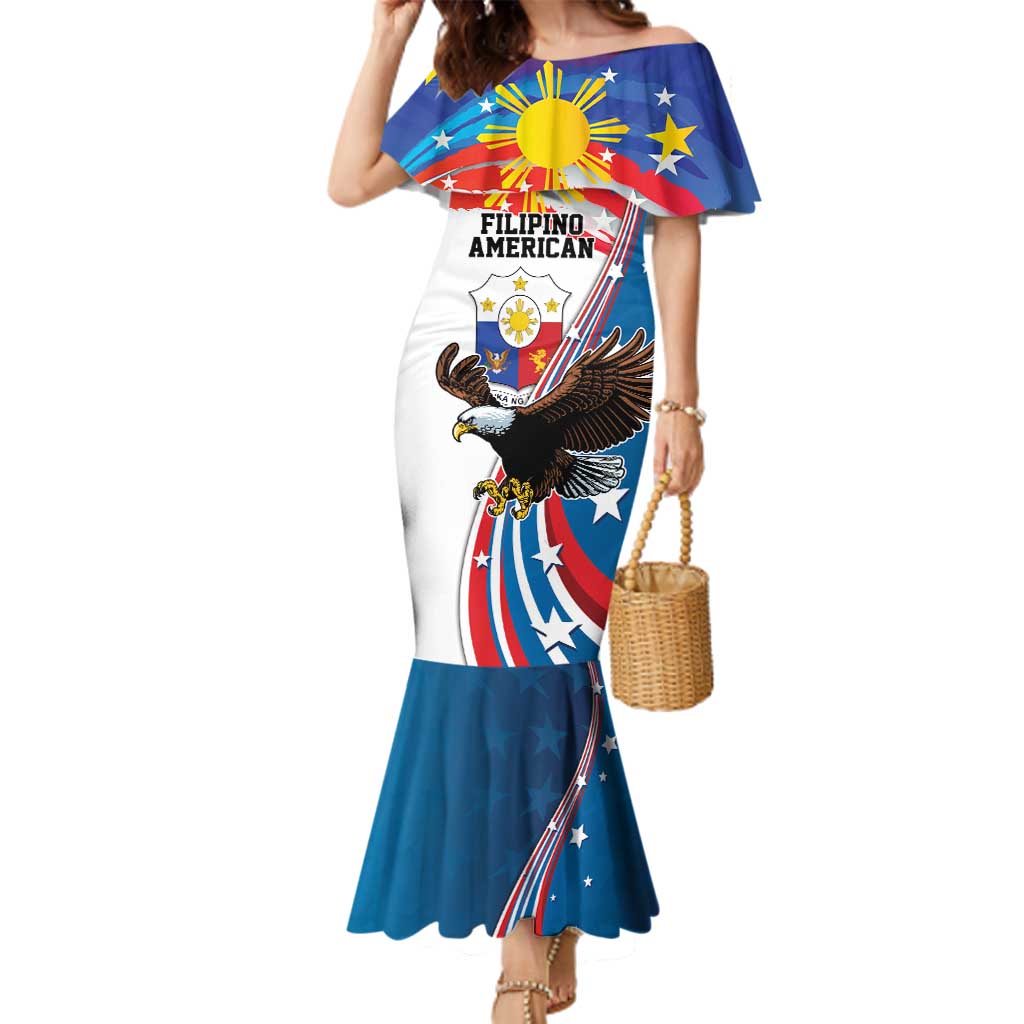 Personalized Filipino-American Family Matching Mermaid Dress and Hawaiian Shirt The Eight-Rayed Sun with Bald Eagle LT9 Mom's Dress Blue - Polynesian Pride