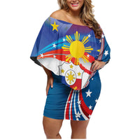 Personalized Filipino-American Family Matching Off Shoulder Short Dress and Hawaiian Shirt The Eight-Rayed Sun with Bald Eagle LT9 Mom's Dress Blue - Polynesian Pride