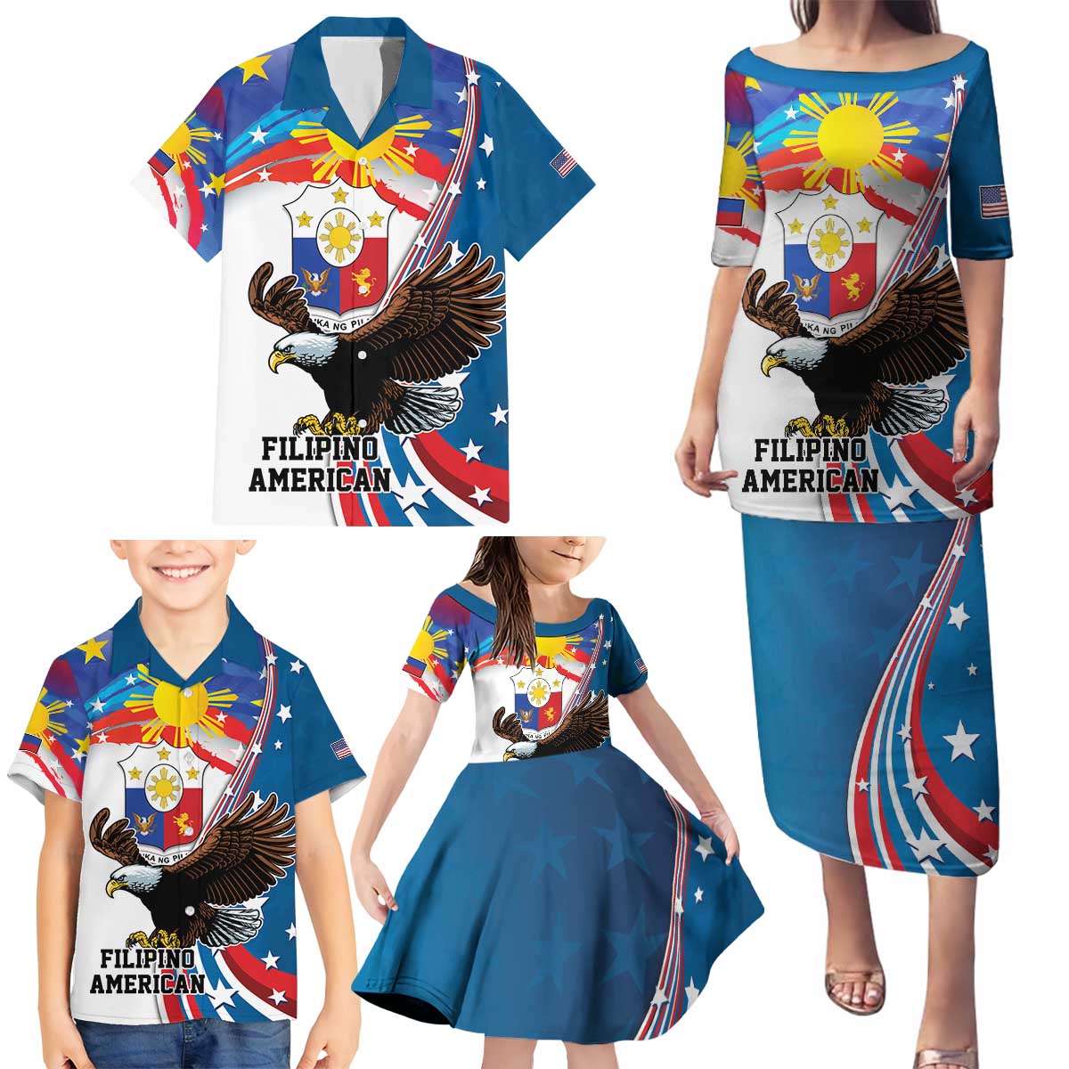 Personalized Filipino-American Family Matching Puletasi and Hawaiian Shirt The Eight-Rayed Sun with Bald Eagle LT9 - Polynesian Pride