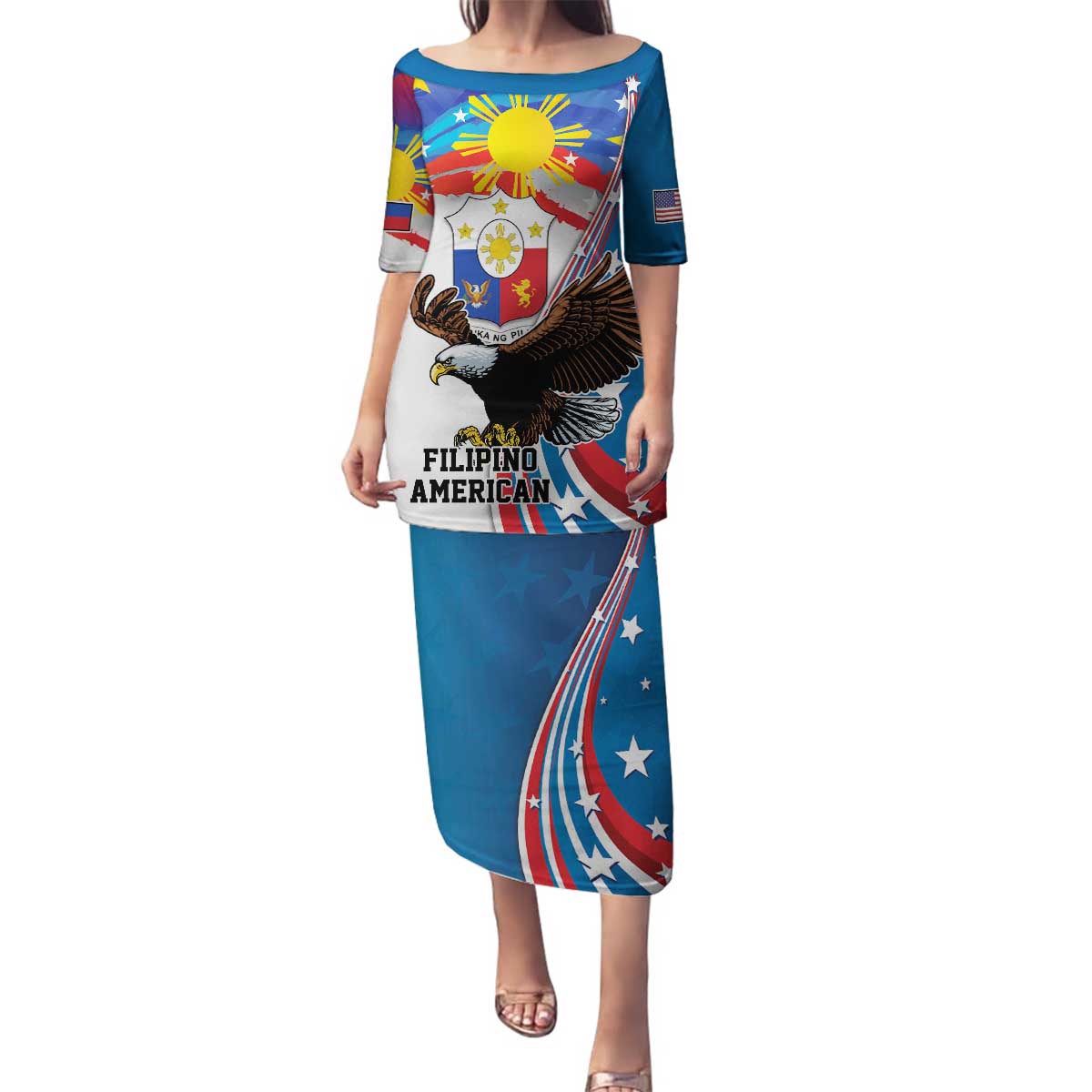 Personalized Filipino-American Family Matching Puletasi and Hawaiian Shirt The Eight-Rayed Sun with Bald Eagle LT9 Mom's Dress Blue - Polynesian Pride
