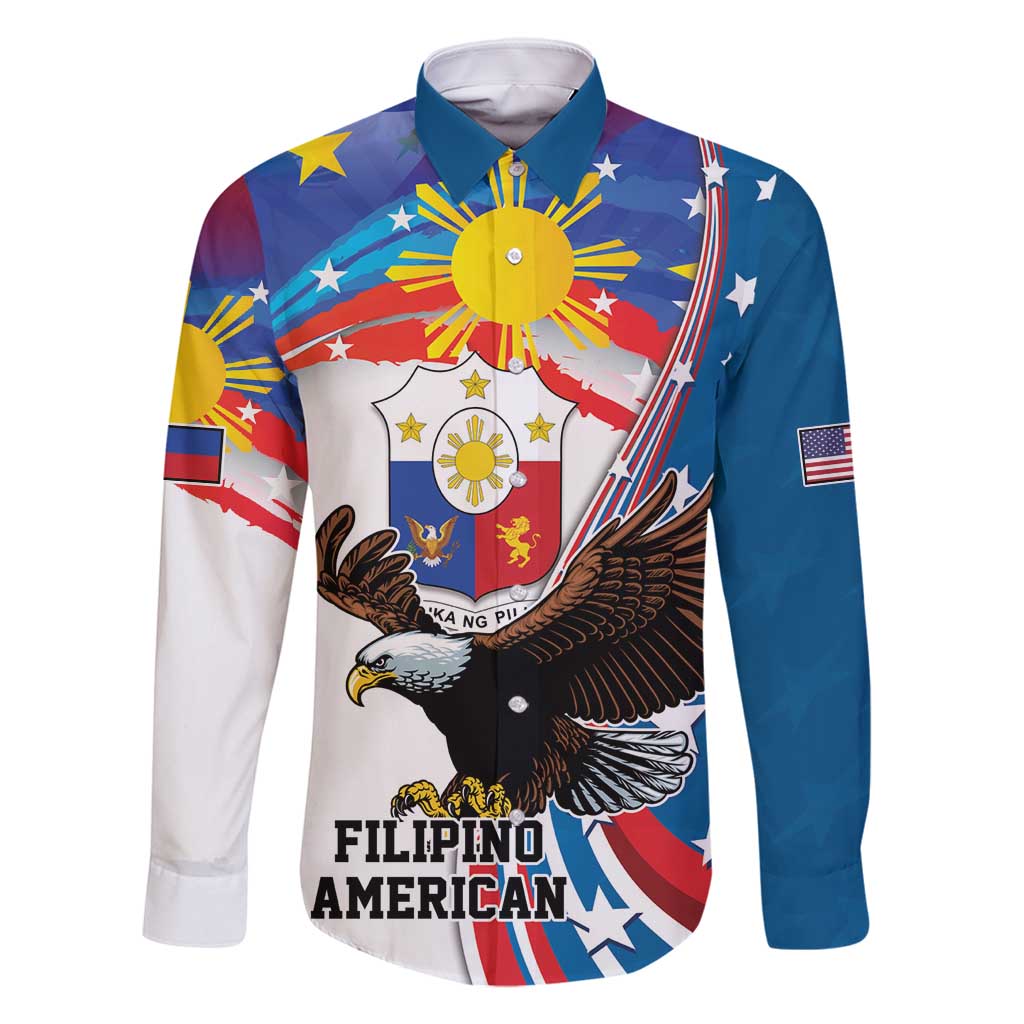 Personalized Filipino-American Family Matching Tank Maxi Dress and Hawaiian Shirt The Eight-Rayed Sun with Bald Eagle LT9 Dad's Shirt - Long Sleeve Blue - Polynesian Pride
