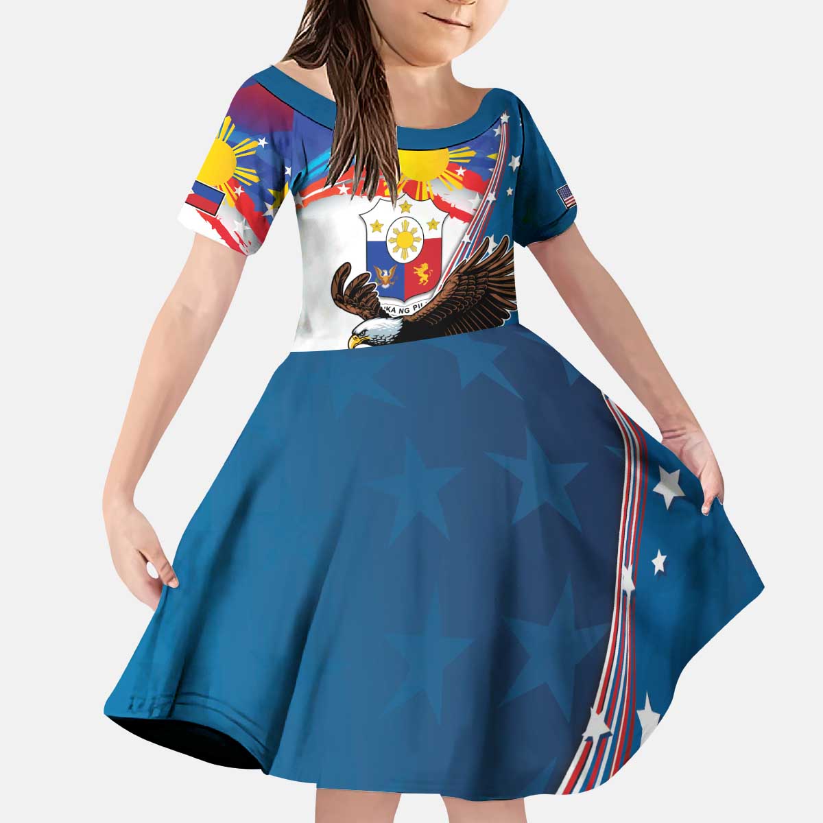 Personalized Filipino-American Kid Short Sleeve Dress The Eight-Rayed Sun with Bald Eagle LT9 KID Blue - Polynesian Pride