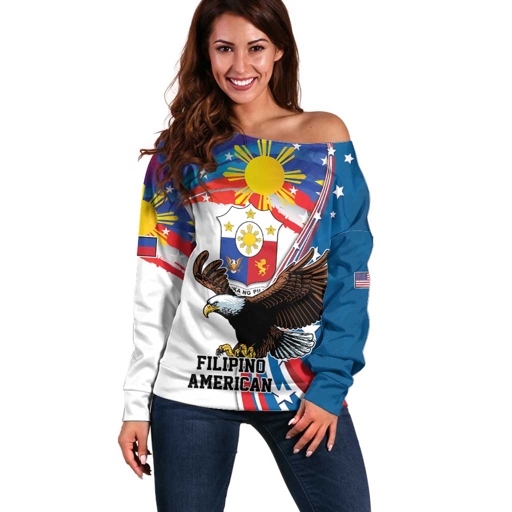 Personalized Filipino-American Off Shoulder Sweater The Eight-Rayed Sun with Bald Eagle