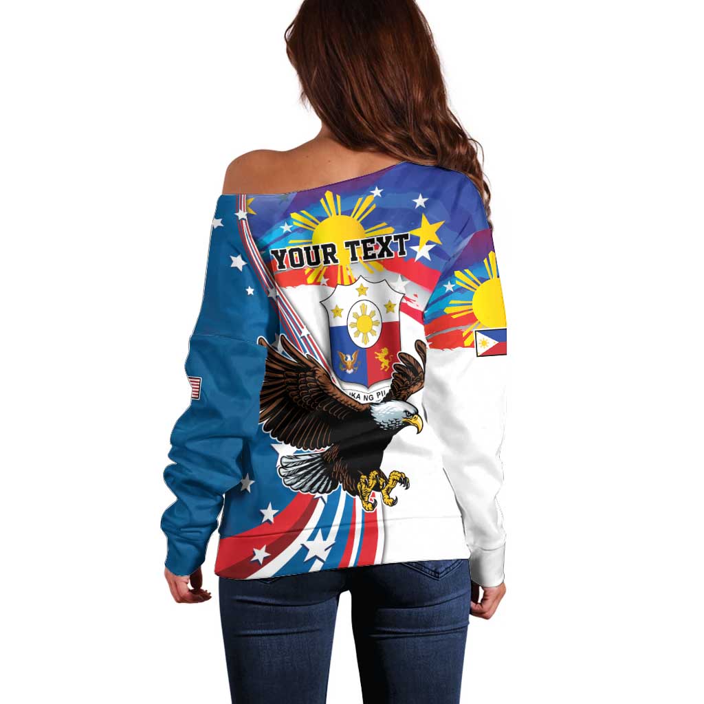 Personalized Filipino-American Off Shoulder Sweater The Eight-Rayed Sun with Bald Eagle
