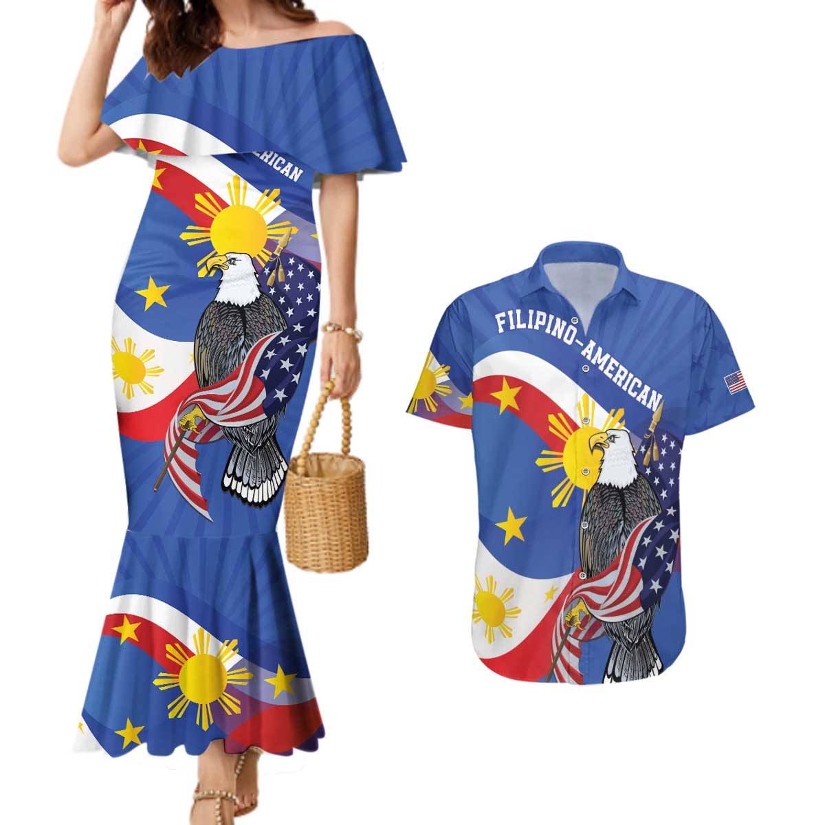 Personalized Filipino-American Couples Matching Mermaid Dress and Hawaiian Shirt Philippines Coat Of Arms with Bald Eagle