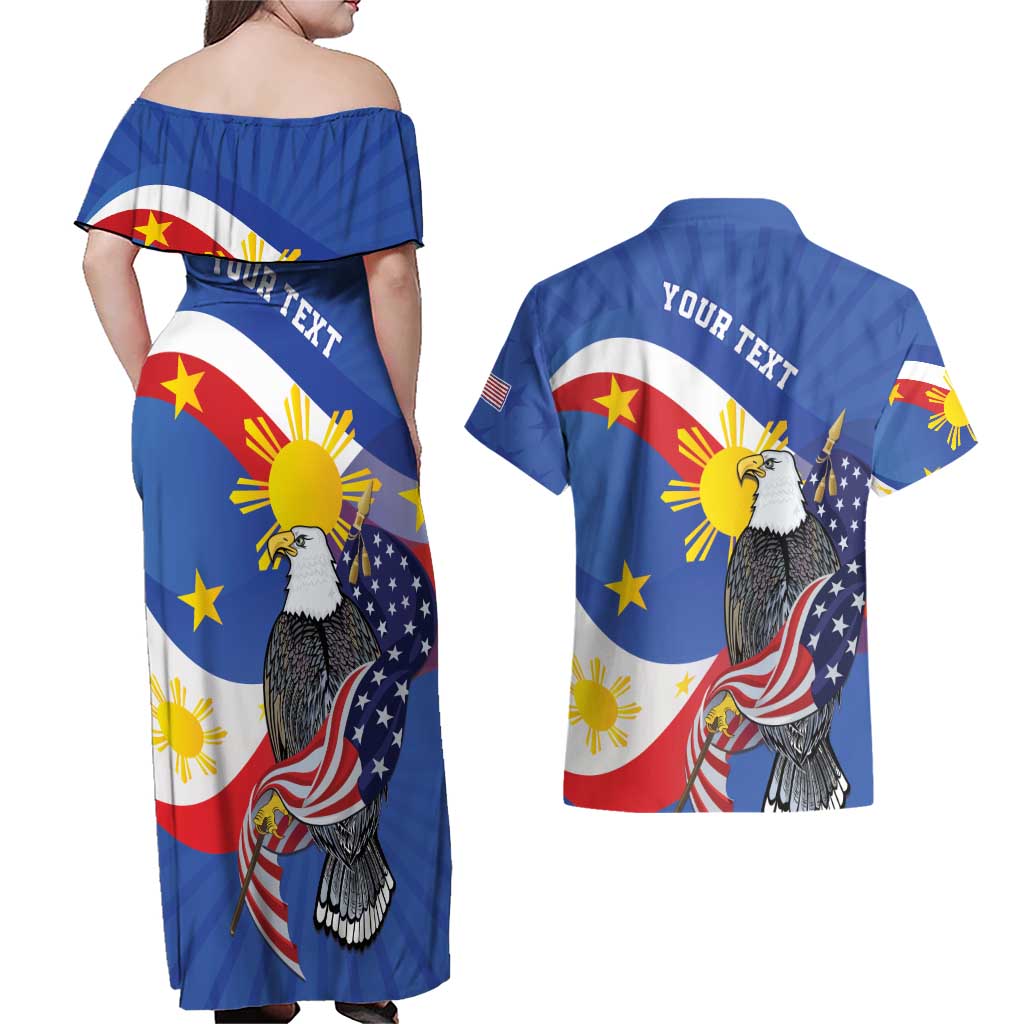 Personalized Filipino-American Couples Matching Off Shoulder Maxi Dress and Hawaiian Shirt Philippines Coat Of Arms with Bald Eagle