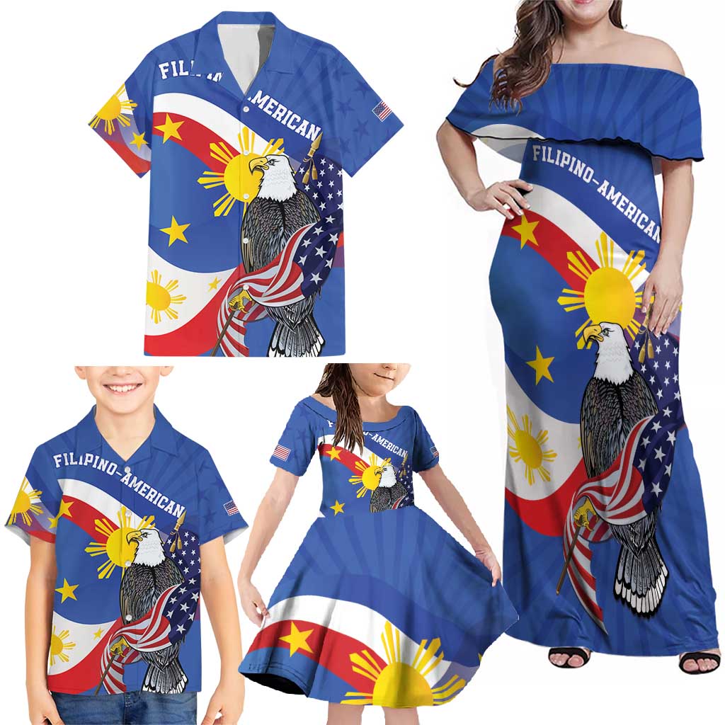 Personalized Filipino-American Family Matching Off Shoulder Maxi Dress and Hawaiian Shirt Philippines Coat Of Arms with Bald Eagle LT9 - Polynesian Pride