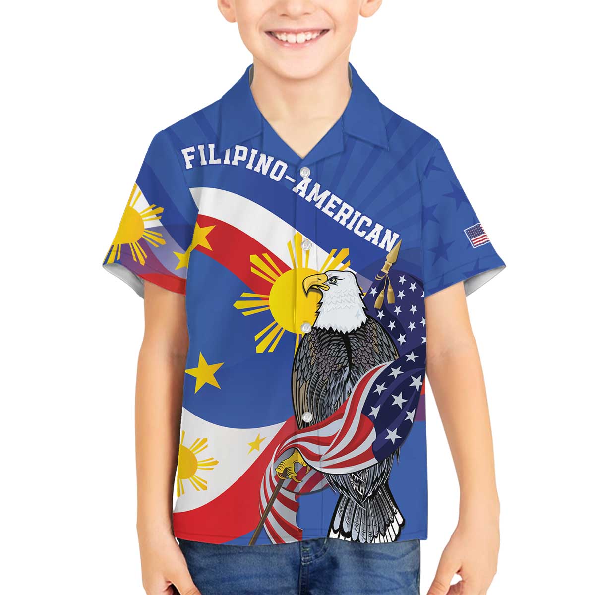 Personalized Filipino-American Family Matching Puletasi and Hawaiian Shirt Philippines Coat Of Arms with Bald Eagle