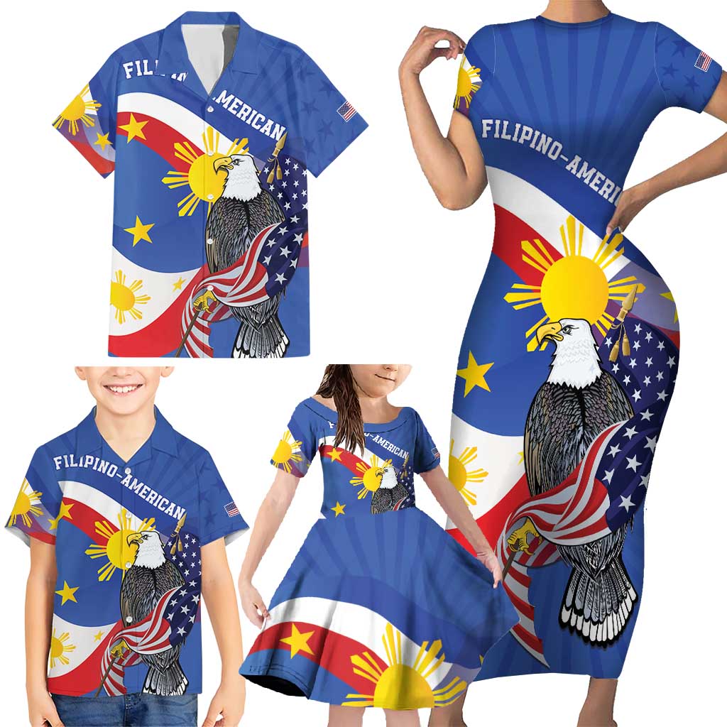 Personalized Filipino-American Family Matching Short Sleeve Bodycon Dress and Hawaiian Shirt Philippines Coat Of Arms with Bald Eagle LT9 - Polynesian Pride