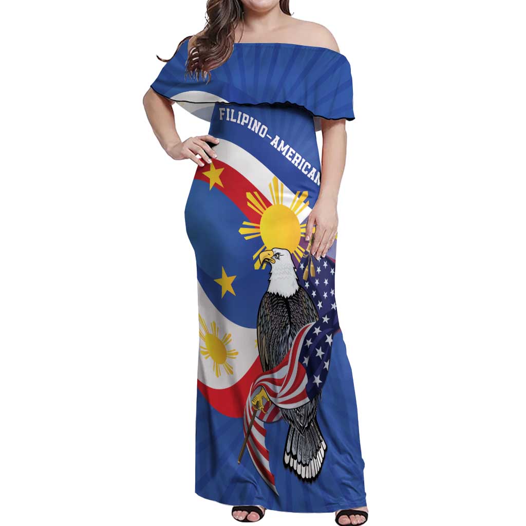 Personalized Filipino-American Off Shoulder Maxi Dress Philippines Coat Of Arms with Bald Eagle LT9 Women White - Polynesian Pride
