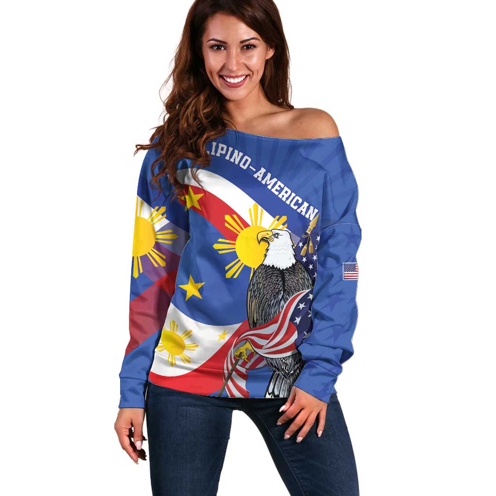 Personalized Filipino-American Off Shoulder Sweater Philippines Coat Of Arms with Bald Eagle