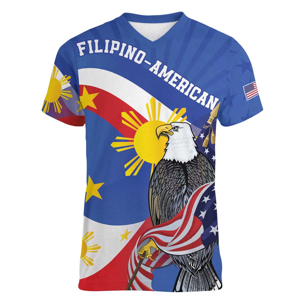 Personalized Filipino-American Women V-Neck T-Shirt Philippines Coat Of Arms with Bald Eagle LT9 Female White - Polynesian Pride