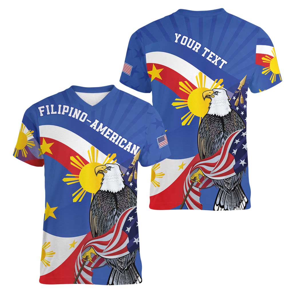 Personalized Filipino-American Women V-Neck T-Shirt Philippines Coat Of Arms with Bald Eagle LT9 - Polynesian Pride