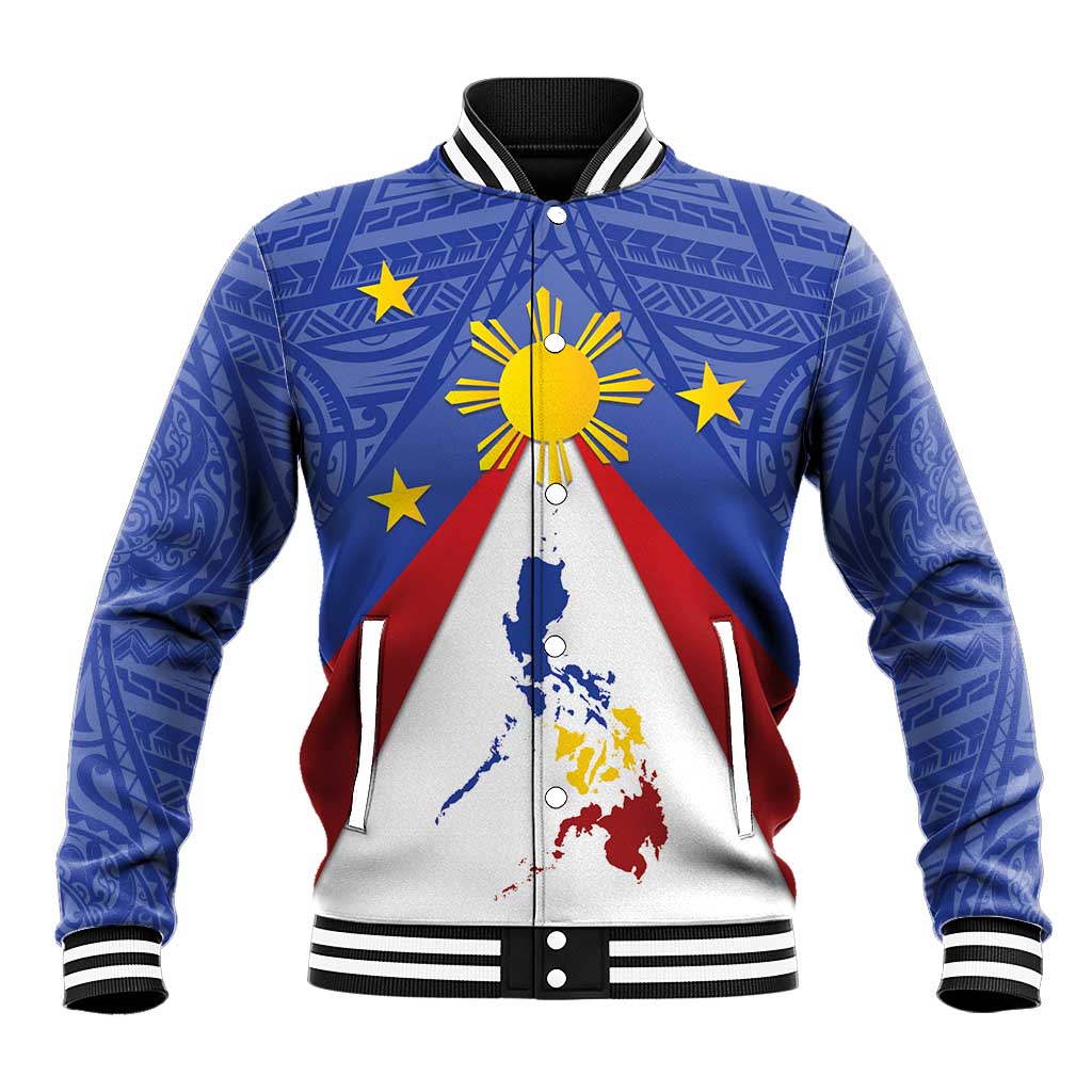 Personalized Pilipinas Eight-Rayed Sun Baseball Jacket Philippines Map With Polynesian Style LT9 Unisex Blue - Polynesian Pride