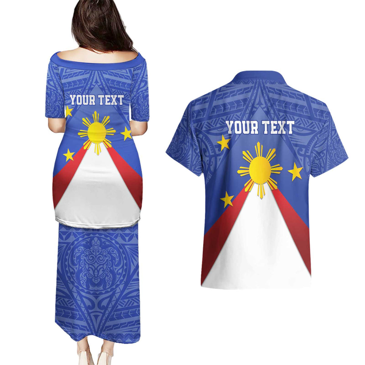 Personalized Pilipinas Eight-Rayed Sun Couples Matching Puletasi and Hawaiian Shirt Philippines Map With Polynesian Style