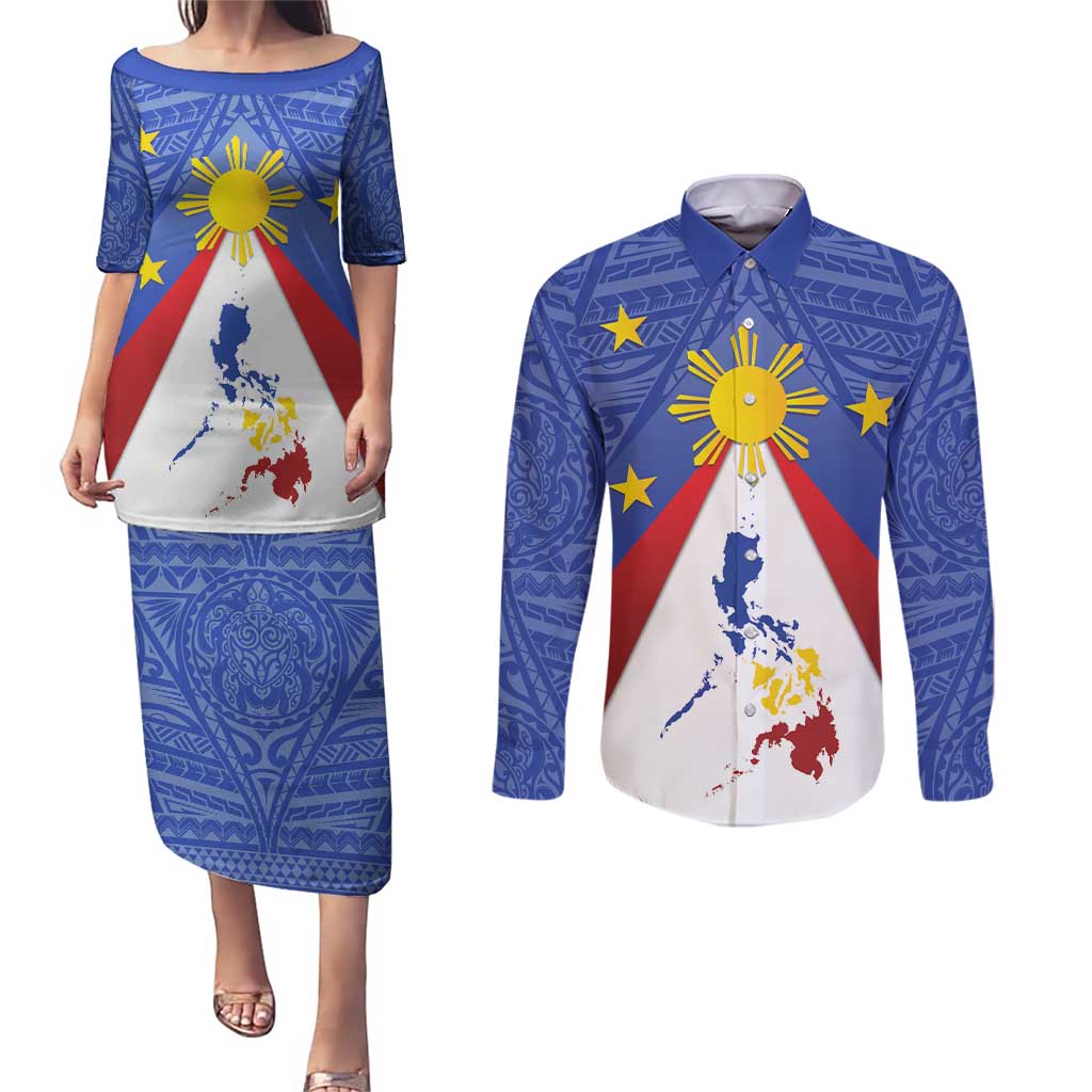 Personalized Pilipinas Eight-Rayed Sun Couples Matching Puletasi and Long Sleeve Button Shirt Philippines Map With Polynesian Style